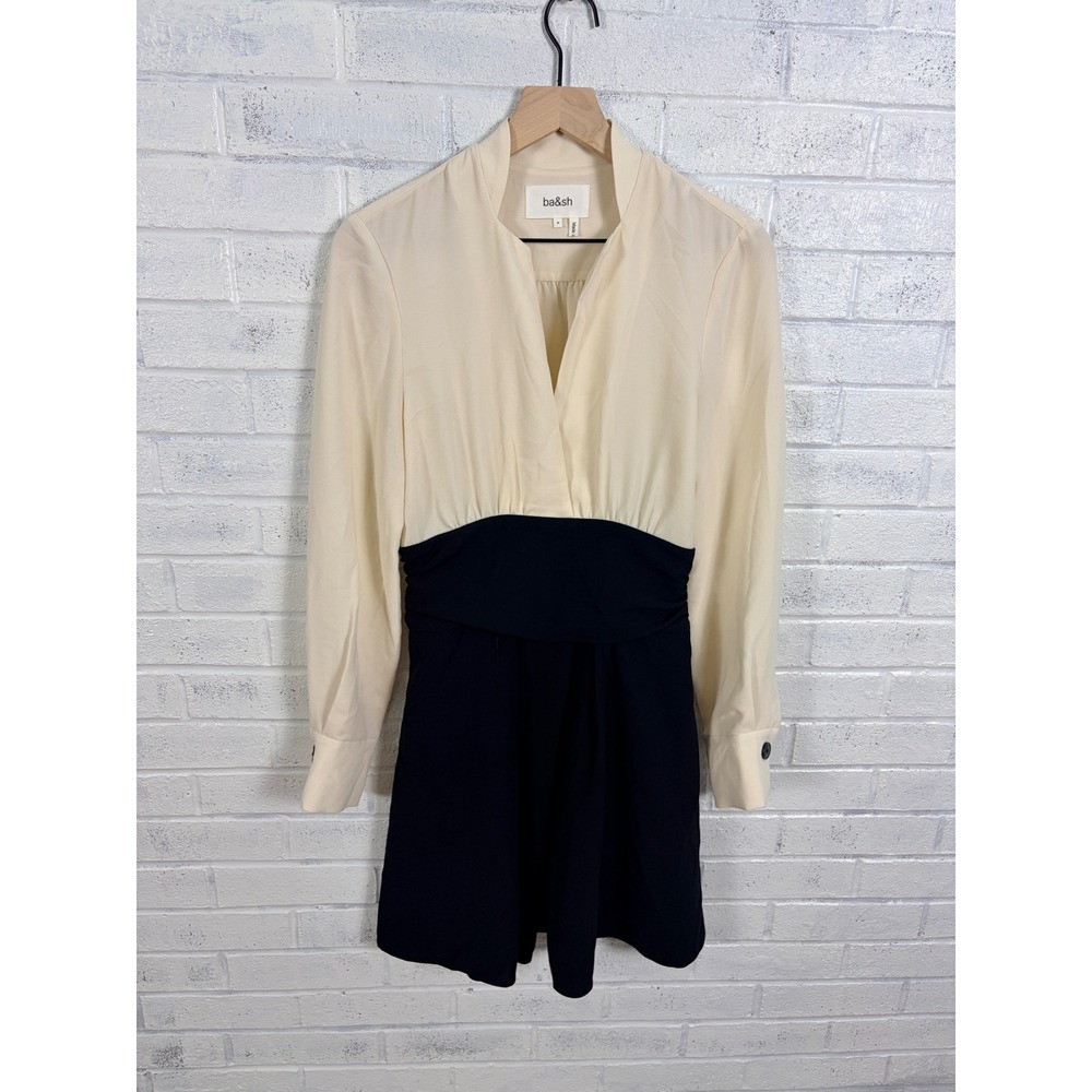 ba&sh Clelia Dress Womens M Ecru Black Colorblock V Neck Long Sleeve Mini